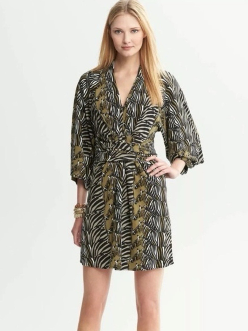 Banana Republic Issa London Zebra Print Wrap Dress Size 14 V-Neck Kimono Sleeve